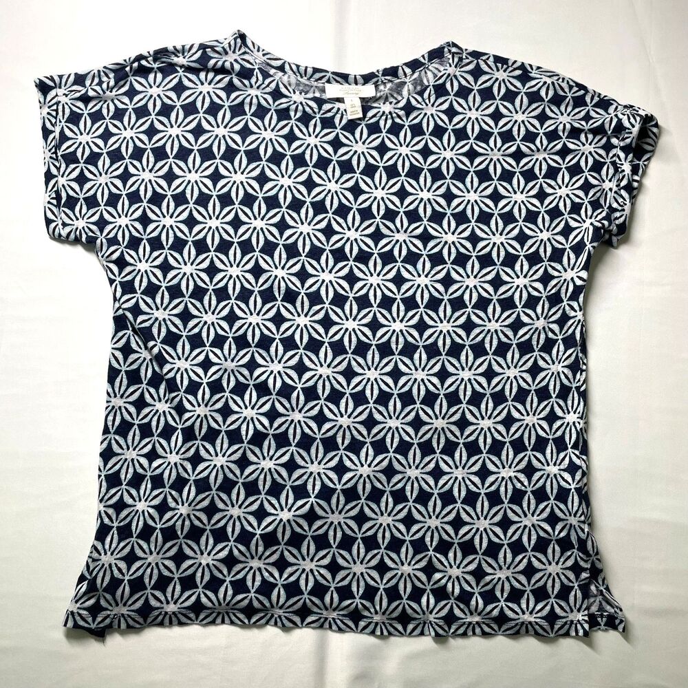 Charter Club Luxury Top Womens Large Navy Geometric Floral 100% Linen